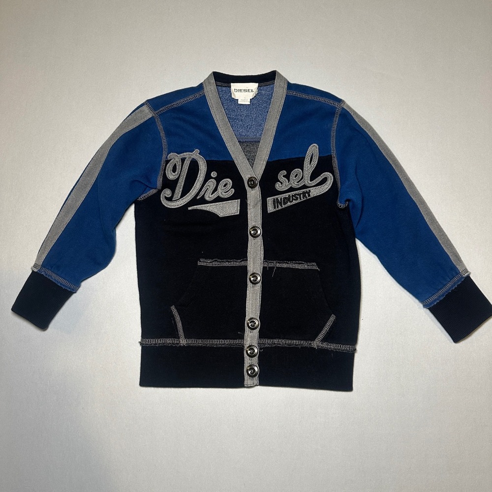 Diesel Kids Cardigan Sweater Boys 4 Blue Black Knit Metal Buttons Spellout Logo